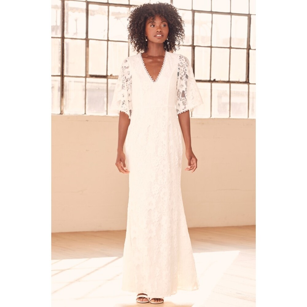 NEW Lulu's Wedding Belle White Lace Half Sleeve Mermaid Maxi Dress Small